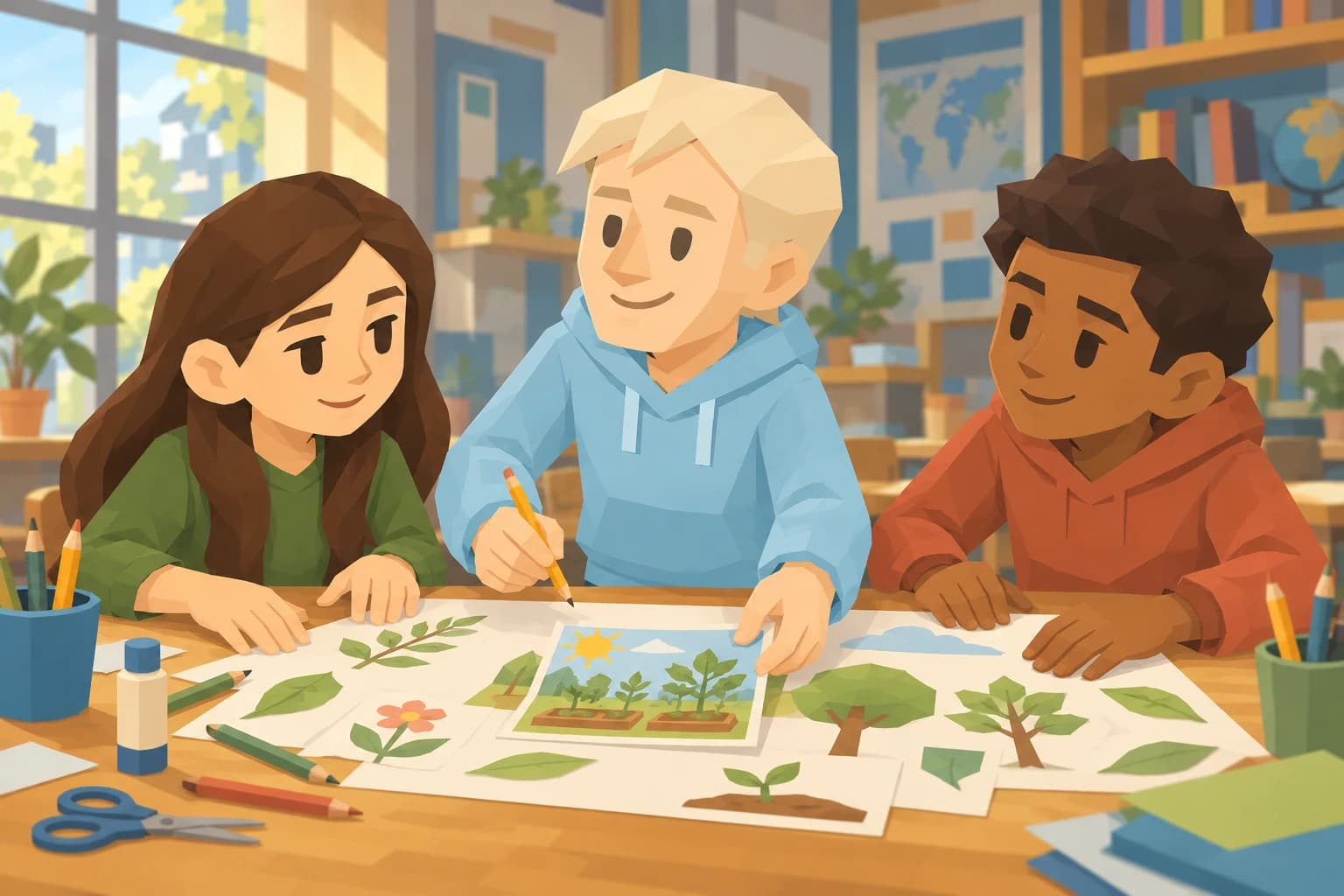 The young male Consul adds his garden drawing to a classroom project with two classmates.