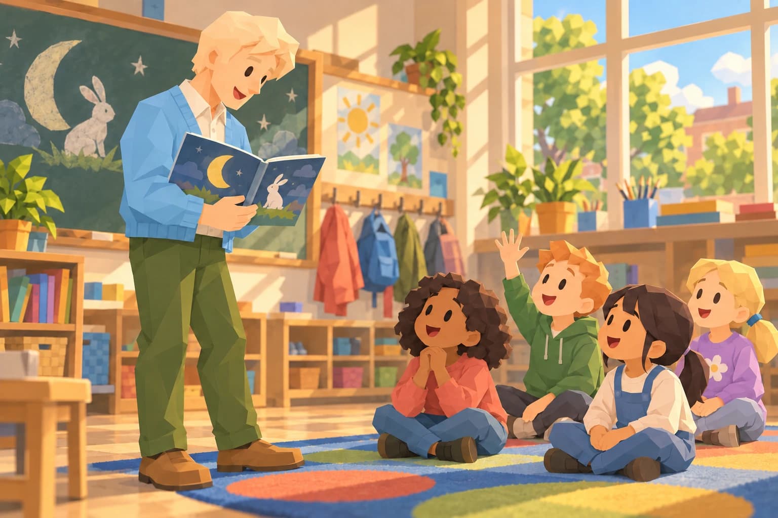 The Consul works as a teacher, reading a story to children seated on a classroom rug.