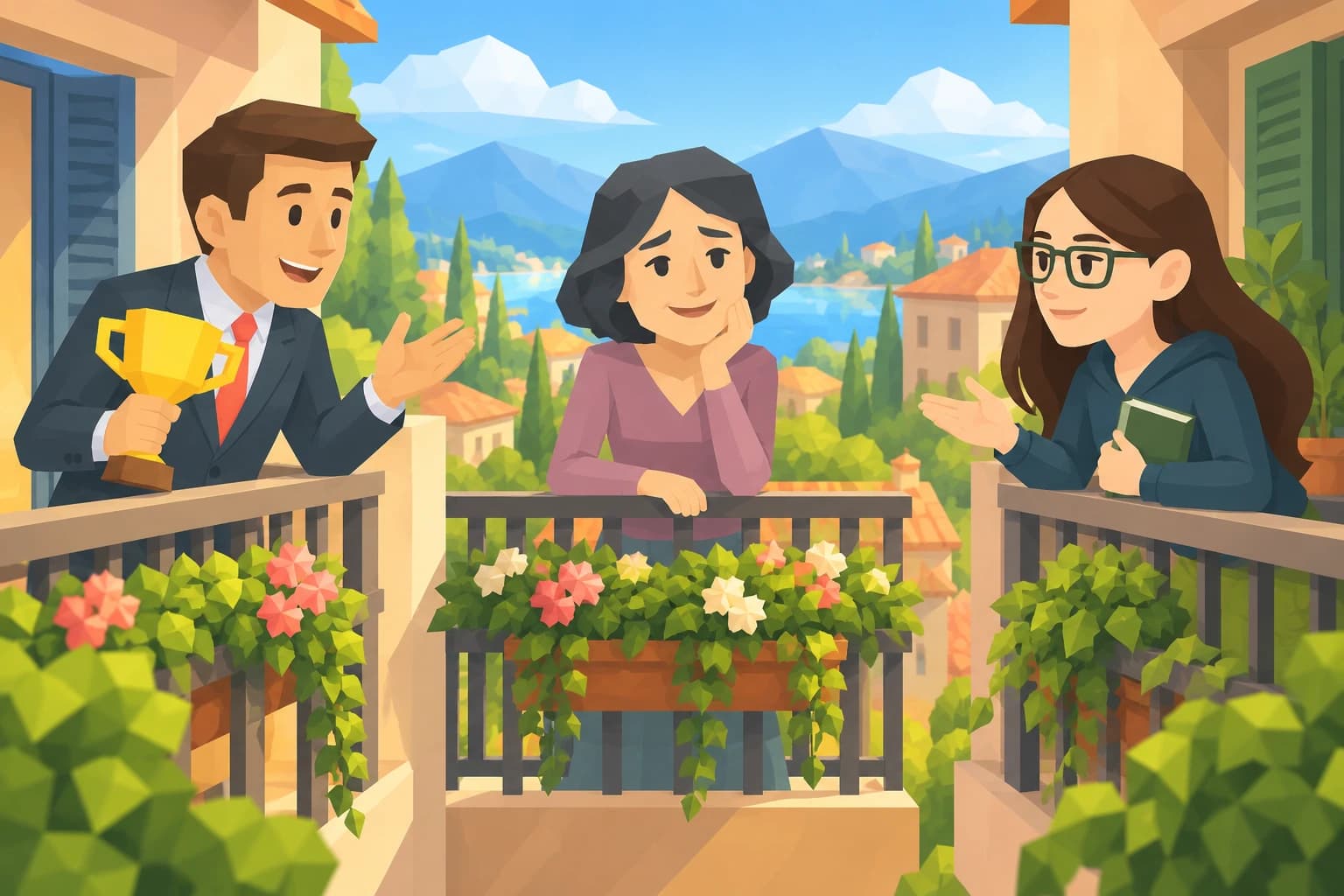 The Muse leans on her balcony railing between two neighbors, the Trailblazer holding a trophy and the Scholar holding a book.