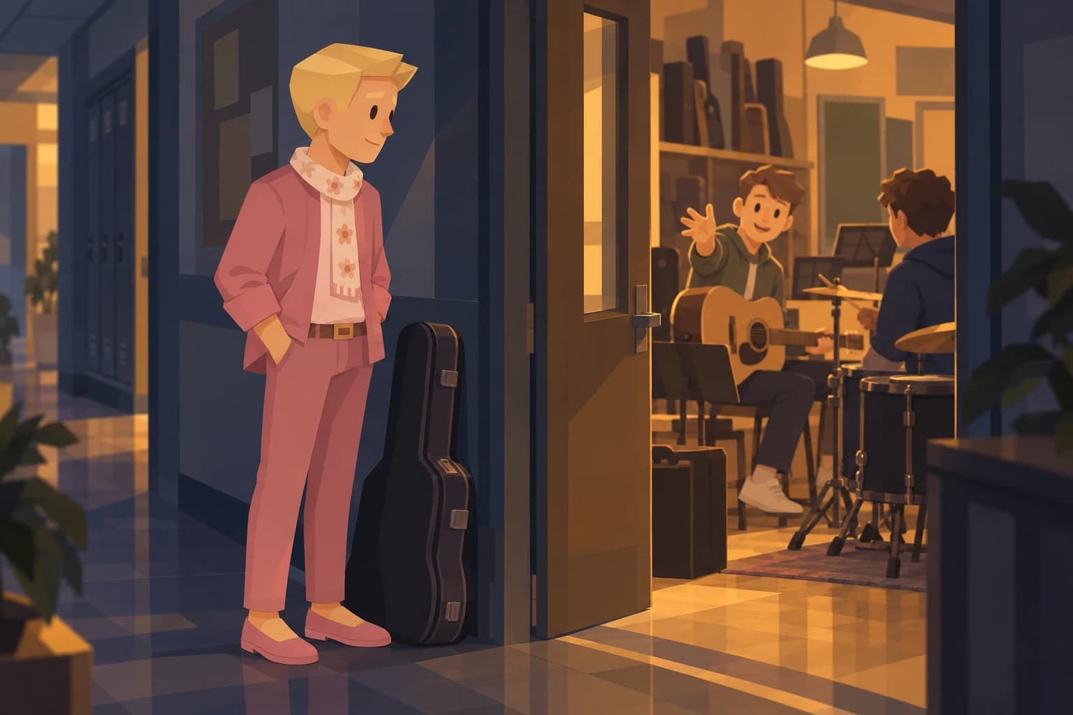 A teenage Aide waits beside a guitar case outside a music room while a friend invites him inside.