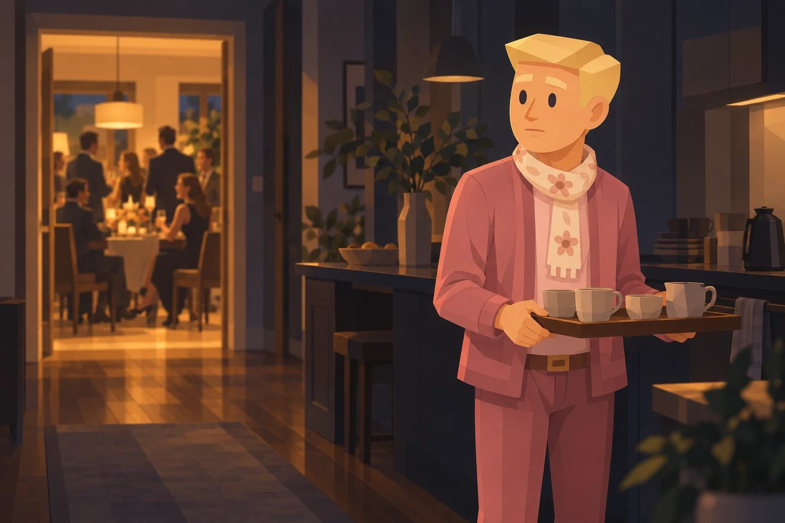 A blonde Aide holds a tray in a dim kitchen while guests gather in the next room.