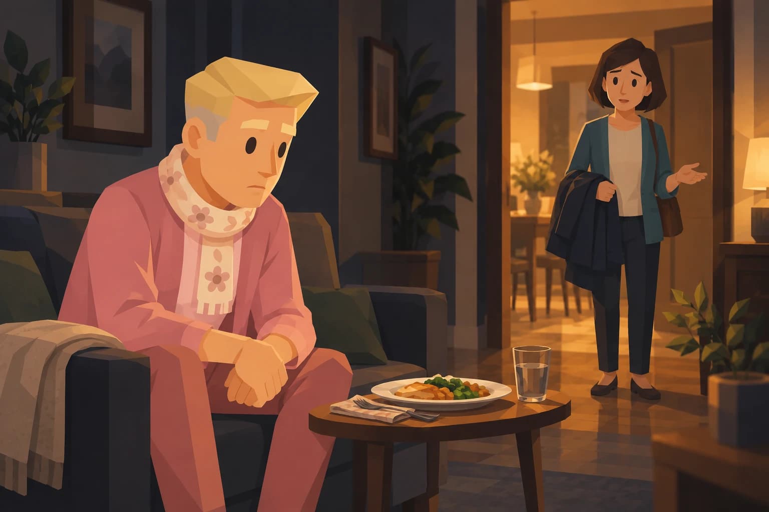 A middle-aged Aide sits beside an untouched meal while his sister speaks from the doorway.