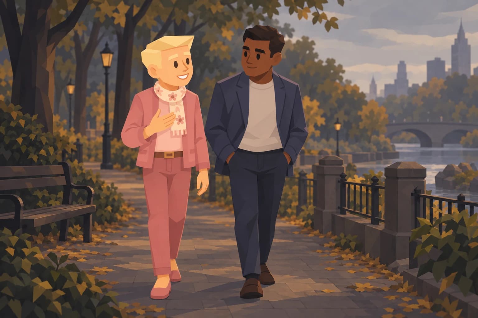 An Aide in a rose cardigan walks beside a friend on a quiet park path.