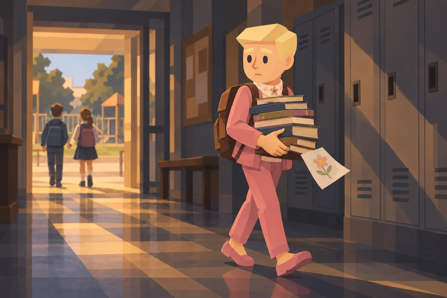 A blonde boy carries a stack of books through a school corridor as classmates leave for the playground.