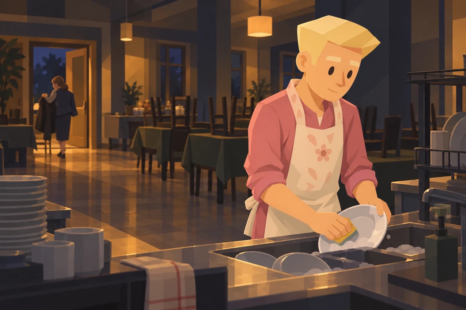 An adult Aide washes dishes in a community kitchen while a coworker leaves in the background.