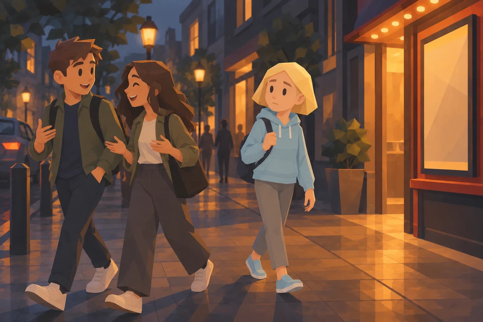 The teenage Consul pauses outside a cinema while two friends walk toward another destination.