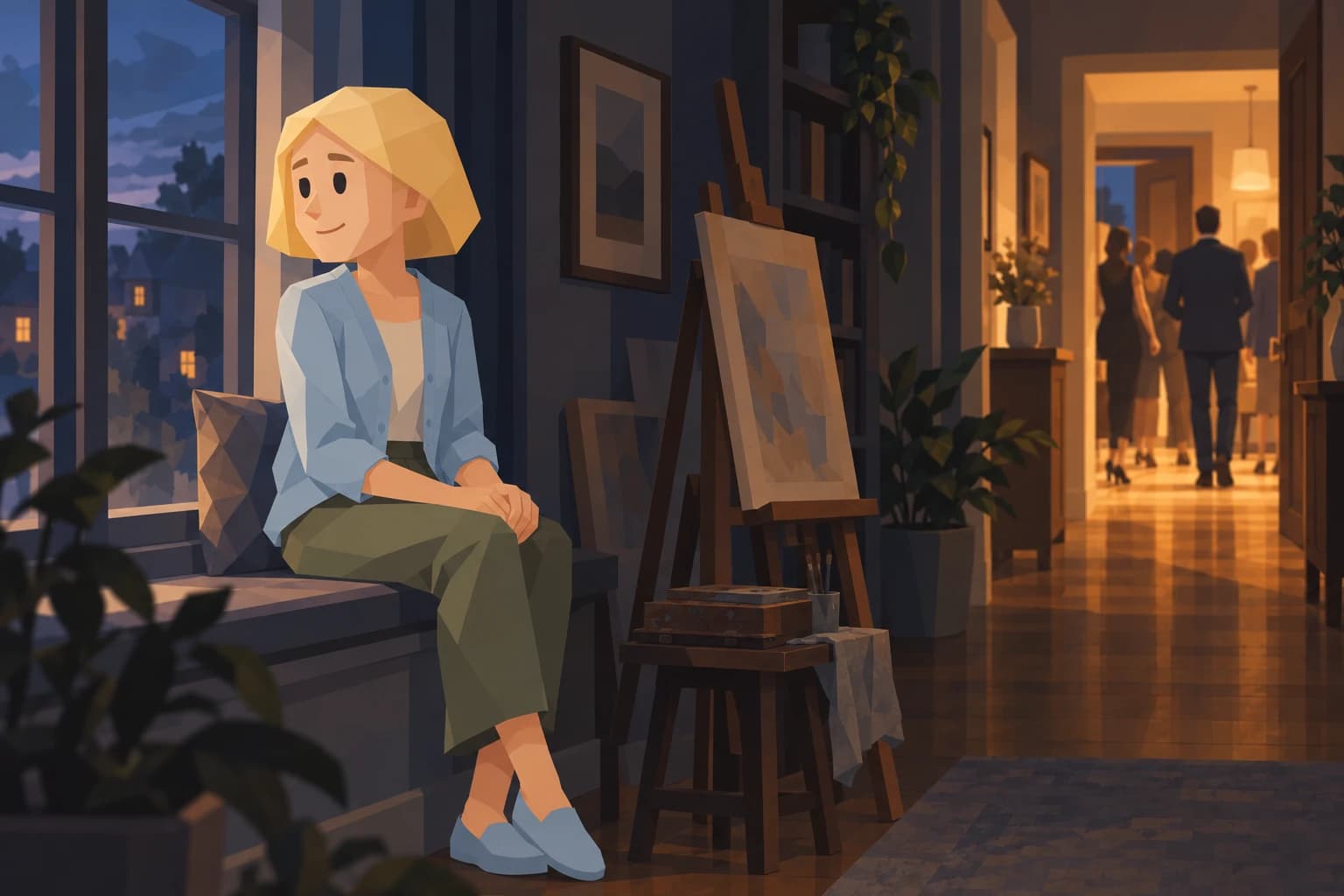 A female Consul sits by a window beside an untouched easel while people leave through a distant doorway.