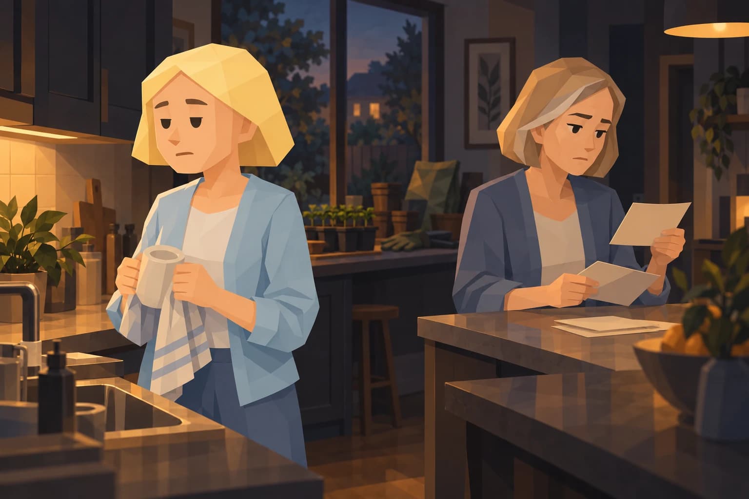 The middle-aged Consul dries a mug as her sister reads an invitation, with unused seedlings nearby.