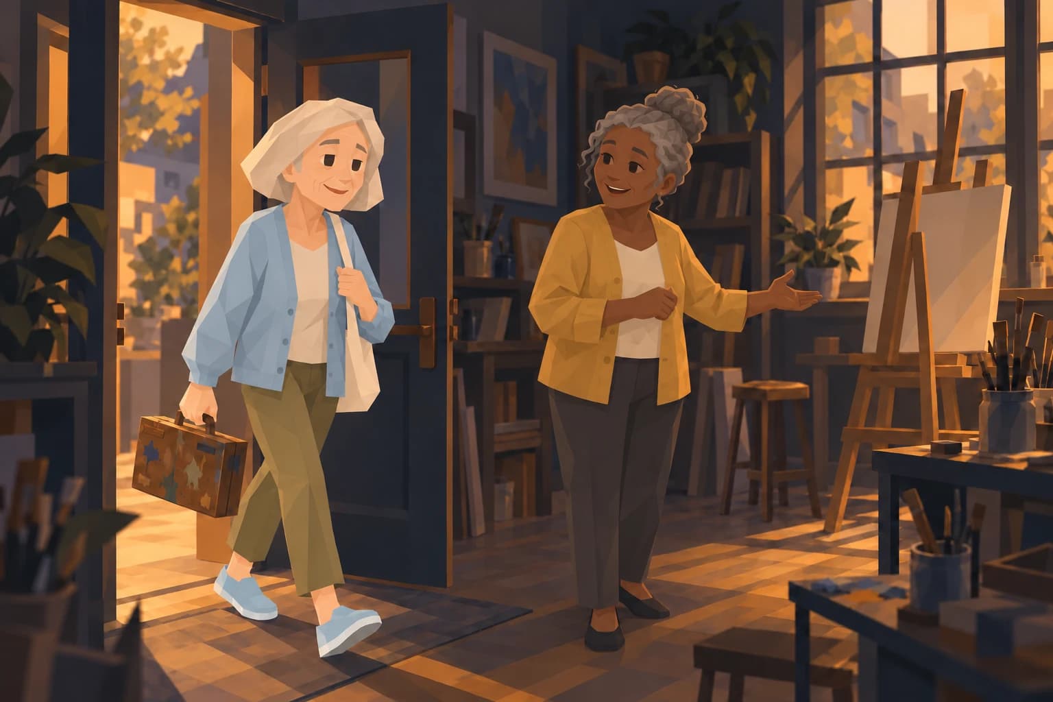 The older Consul enters an art studio carrying a paintbox as another participant welcomes her.