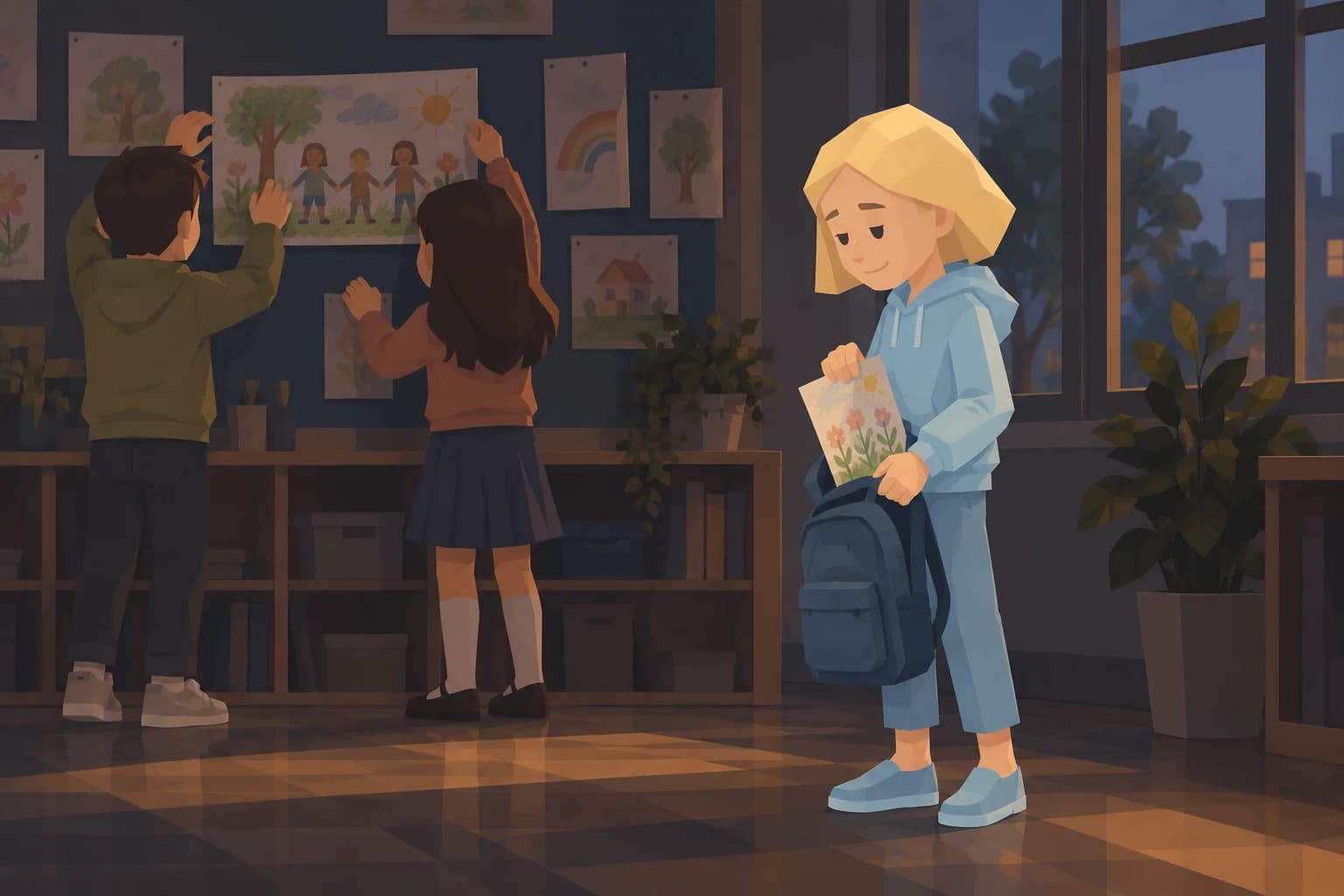 The young Consul puts away her garden drawing as classmates hang their chosen picture.