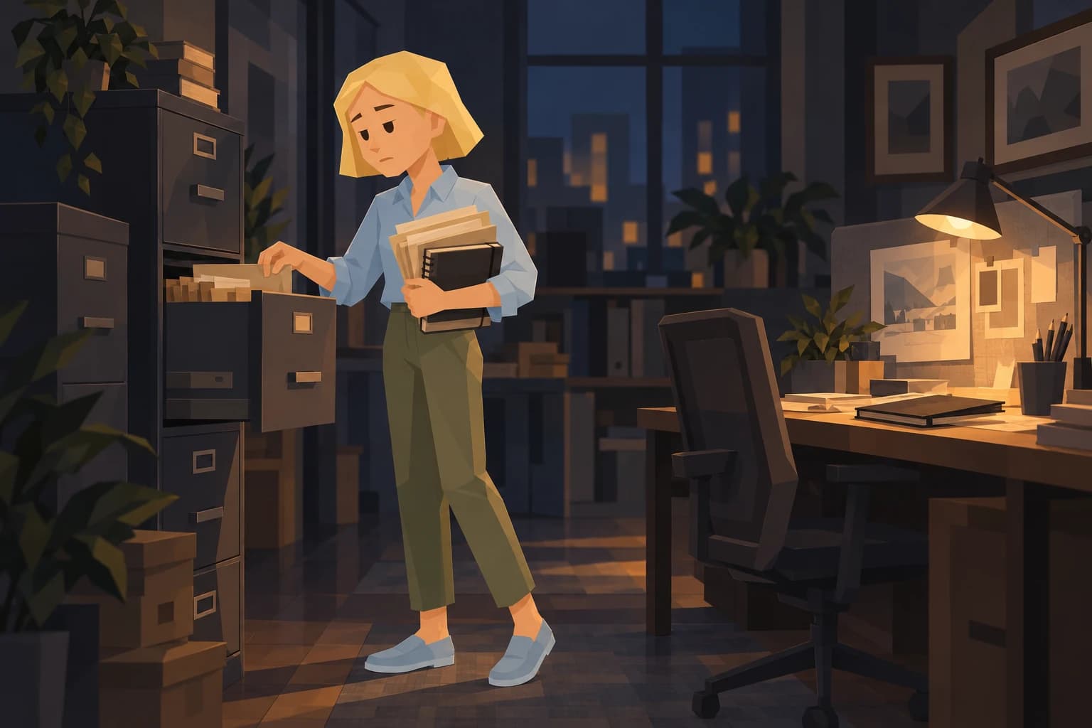 The adult Consul sorts folders after hours while her own project remains untouched.