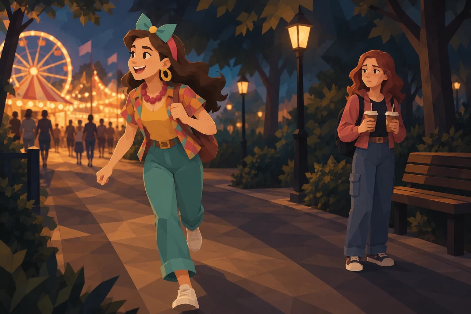 A teenage Spark heads toward a fairground while her friend stands near a bench holding two drinks.