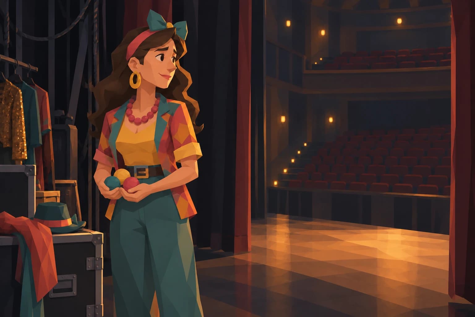 A Spark pauses backstage with juggling balls after a performance, looking toward empty theater seats.