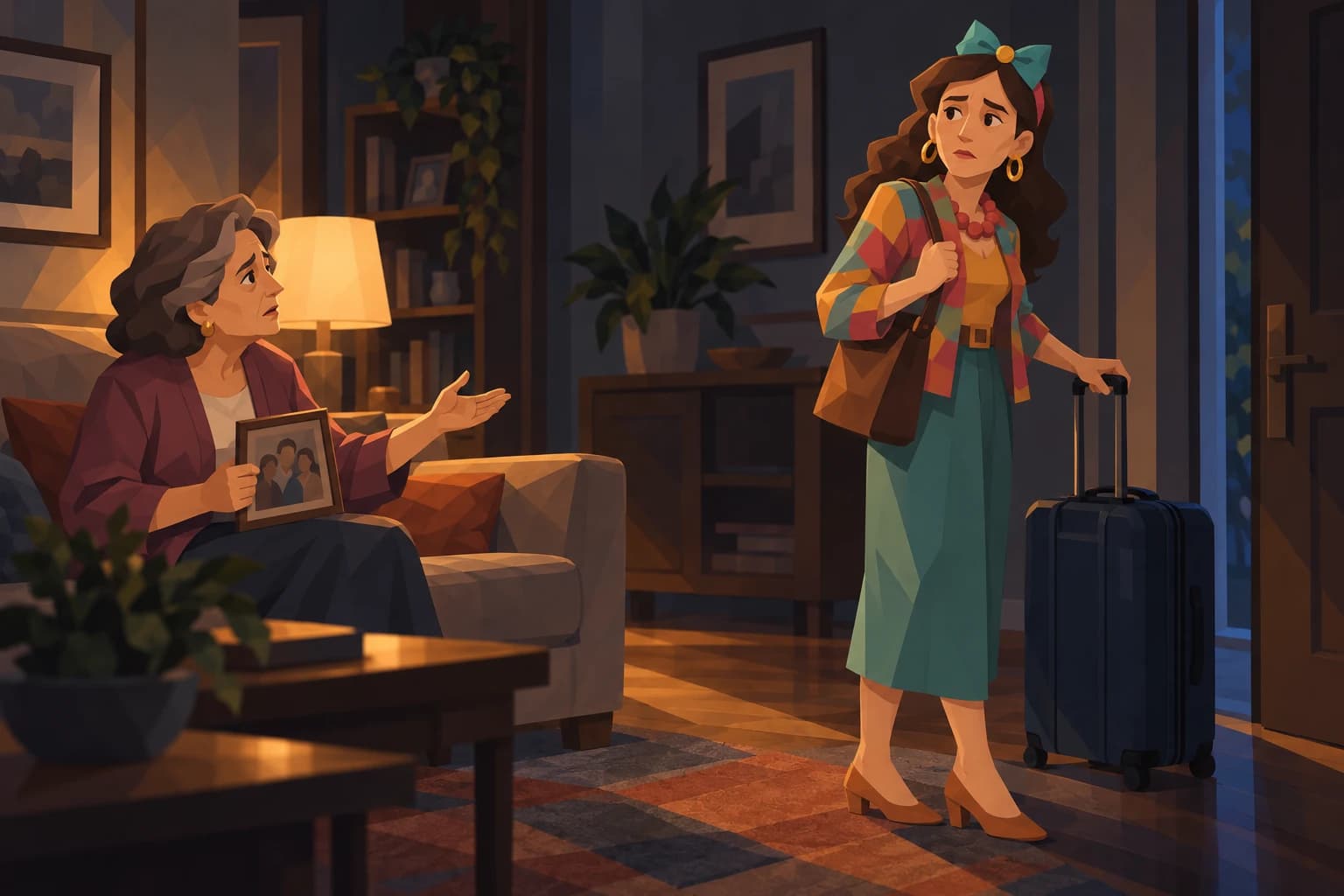A midlife Spark pauses beside a suitcase while an older relative waits on the sofa with a family photograph.