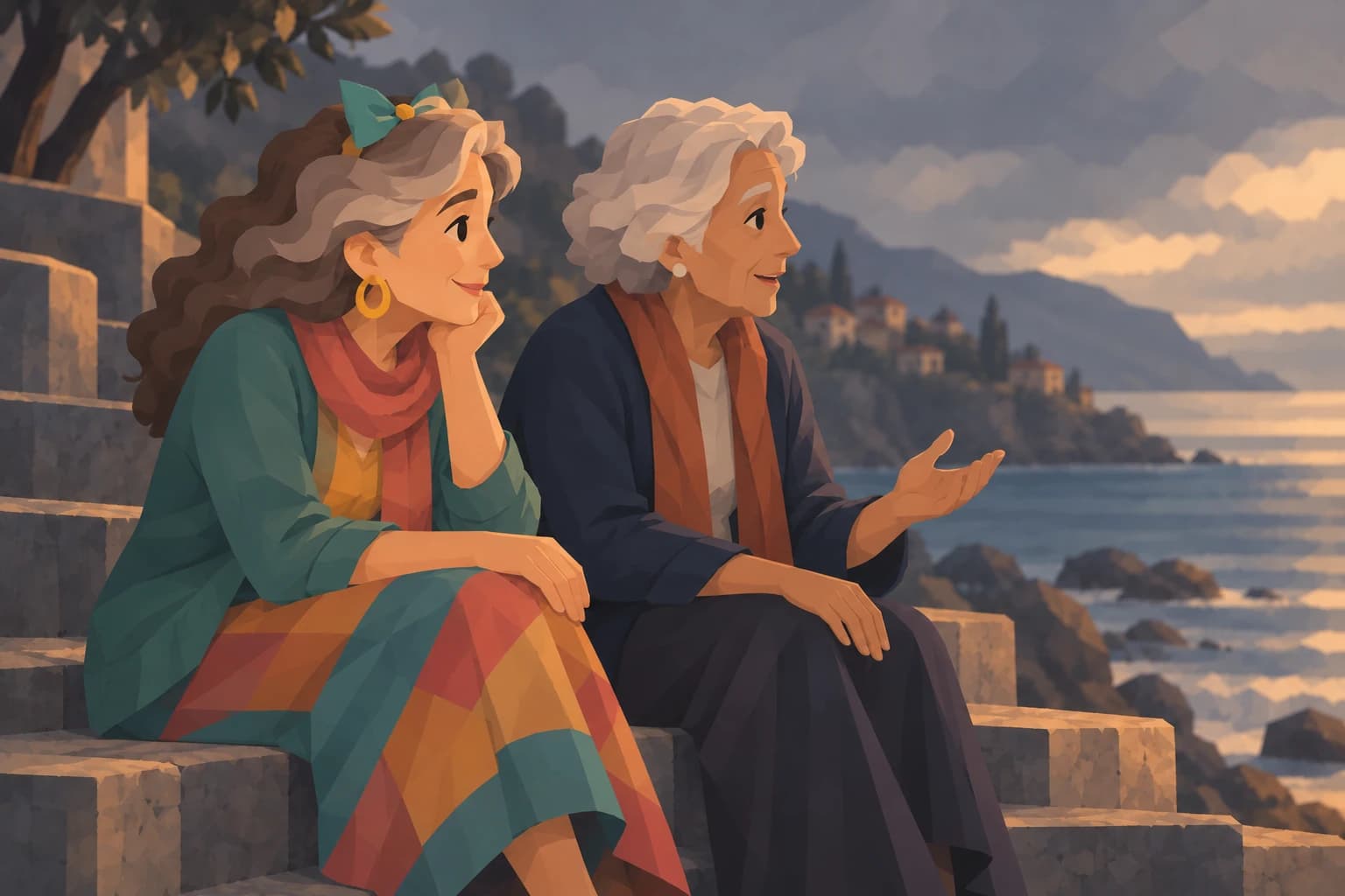 An elderly Spark listens beside a friend on seaside steps.