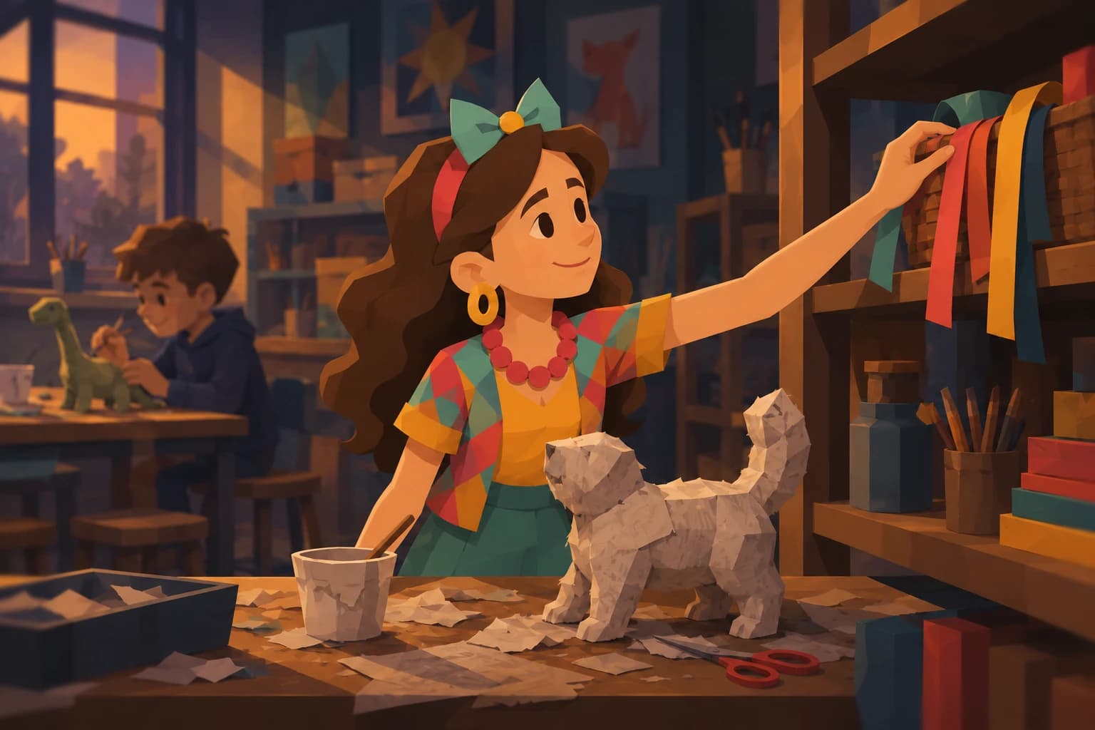 A young Spark reaches for ribbons while an unfinished papier-mache animal waits on her classroom workbench.