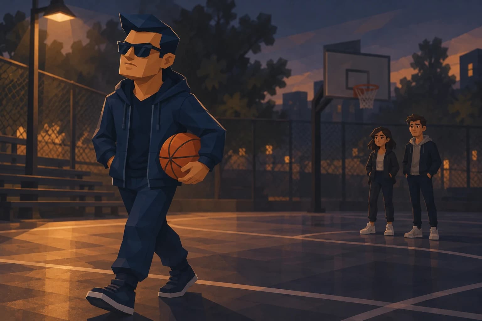 The teenage Kingpin carries a basketball away while two friends remain near the hoop.