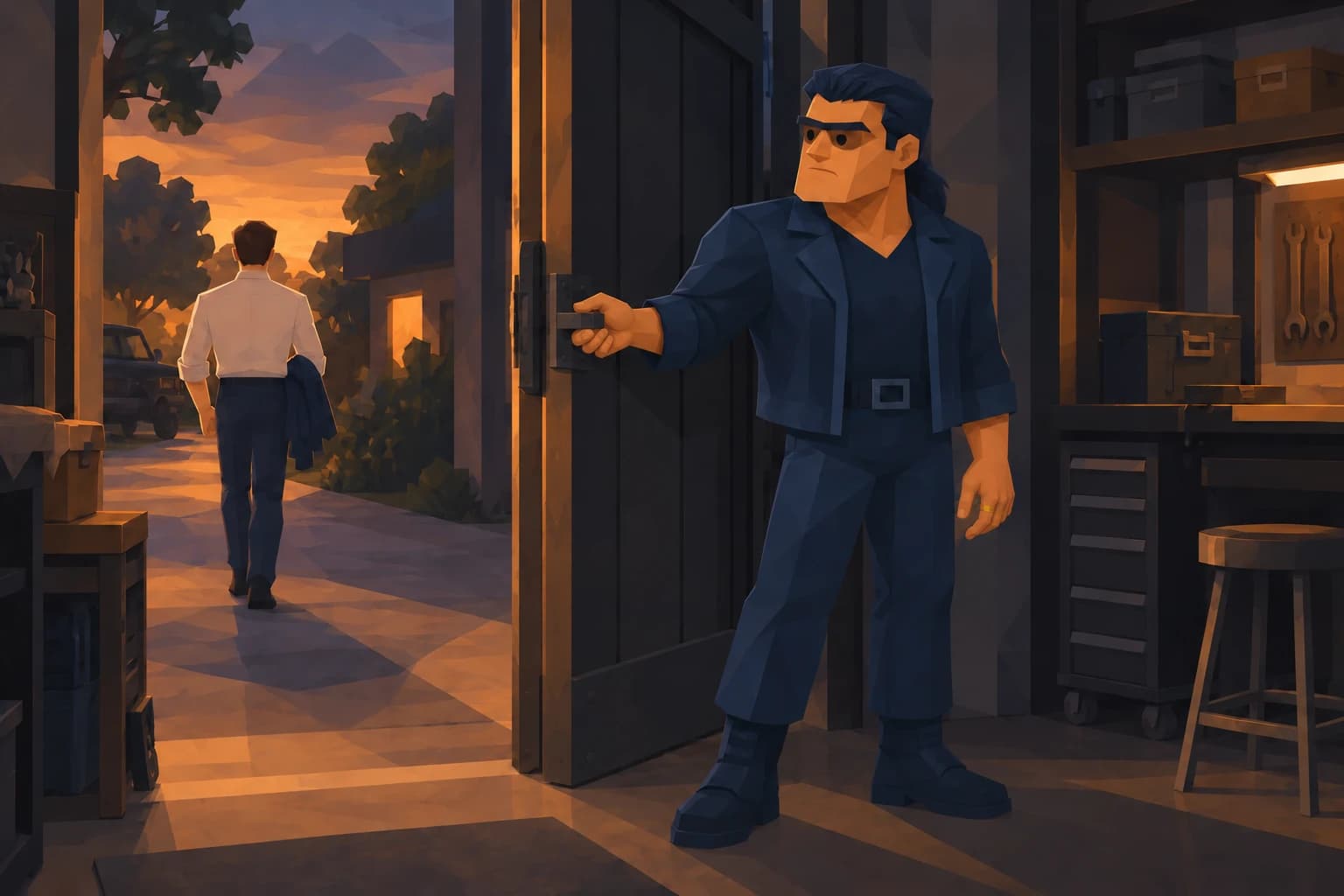 A male Kingpin closes his workshop door while his brother walks away at dusk.
