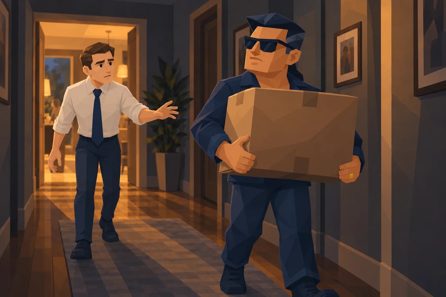 The middle-aged Kingpin carries a bulky box alone while his brother steps back.