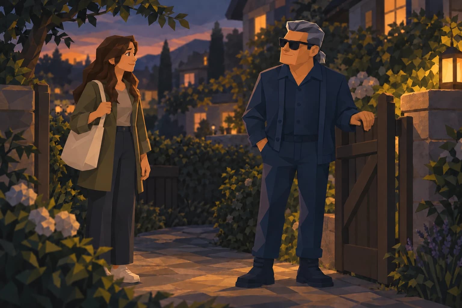 The older Kingpin opens a garden gate toward a younger relative waiting outside.