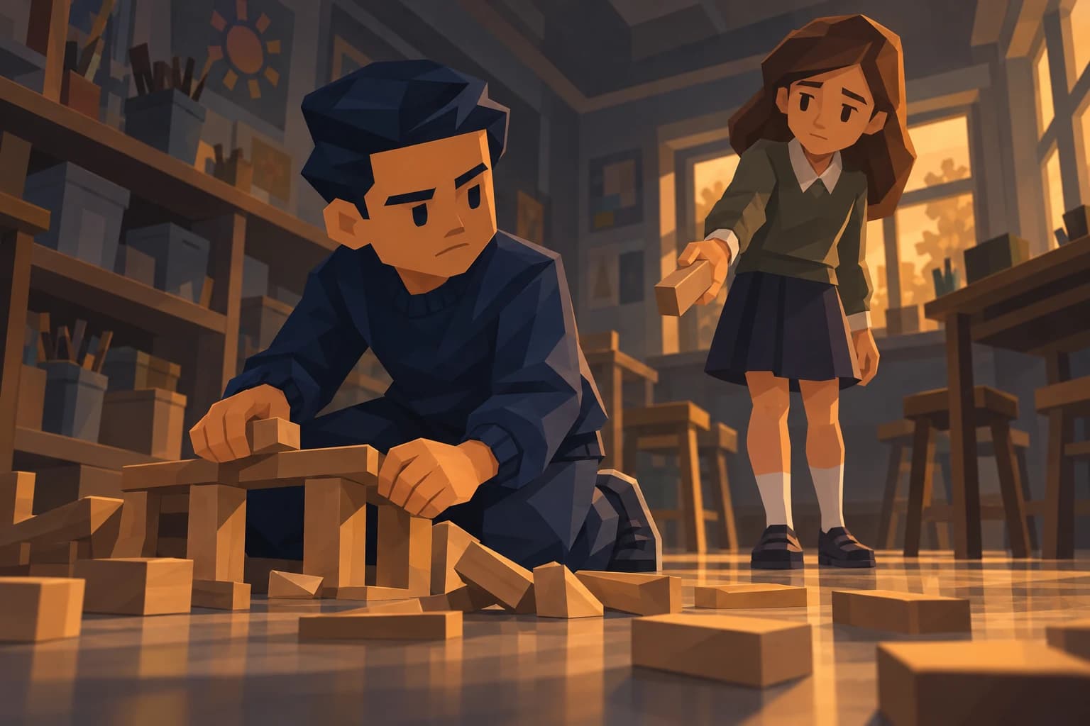 The young Kingpin gathers fallen wooden blocks while a classmate offers him one.