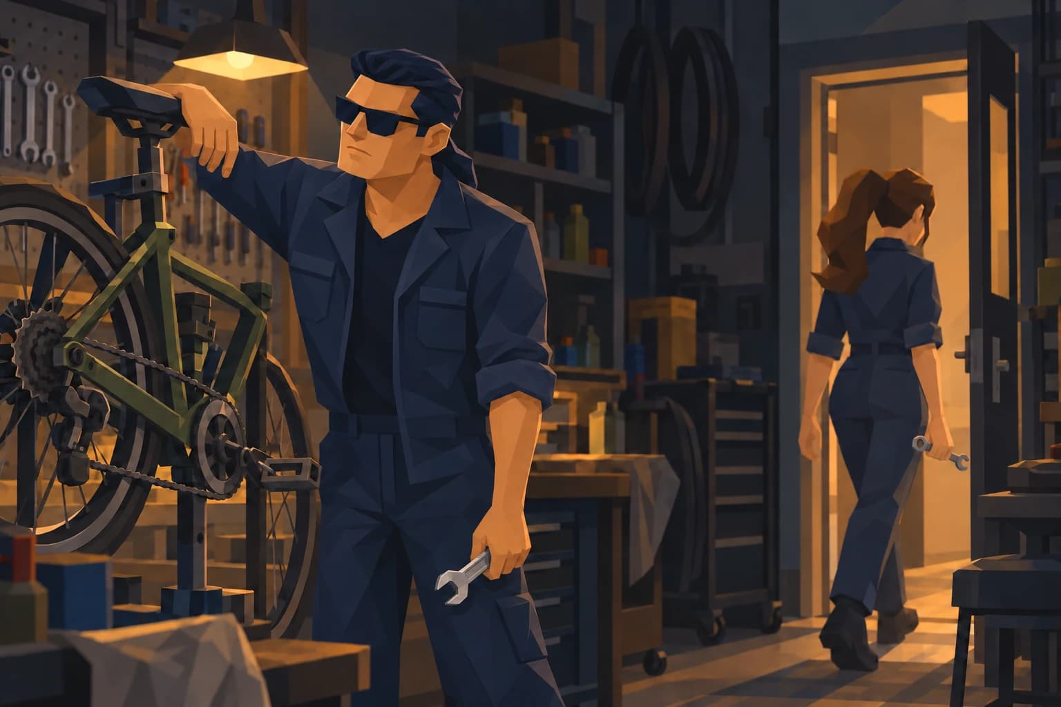 The adult Kingpin works at a bicycle repair stand as a coworker leaves the workshop.