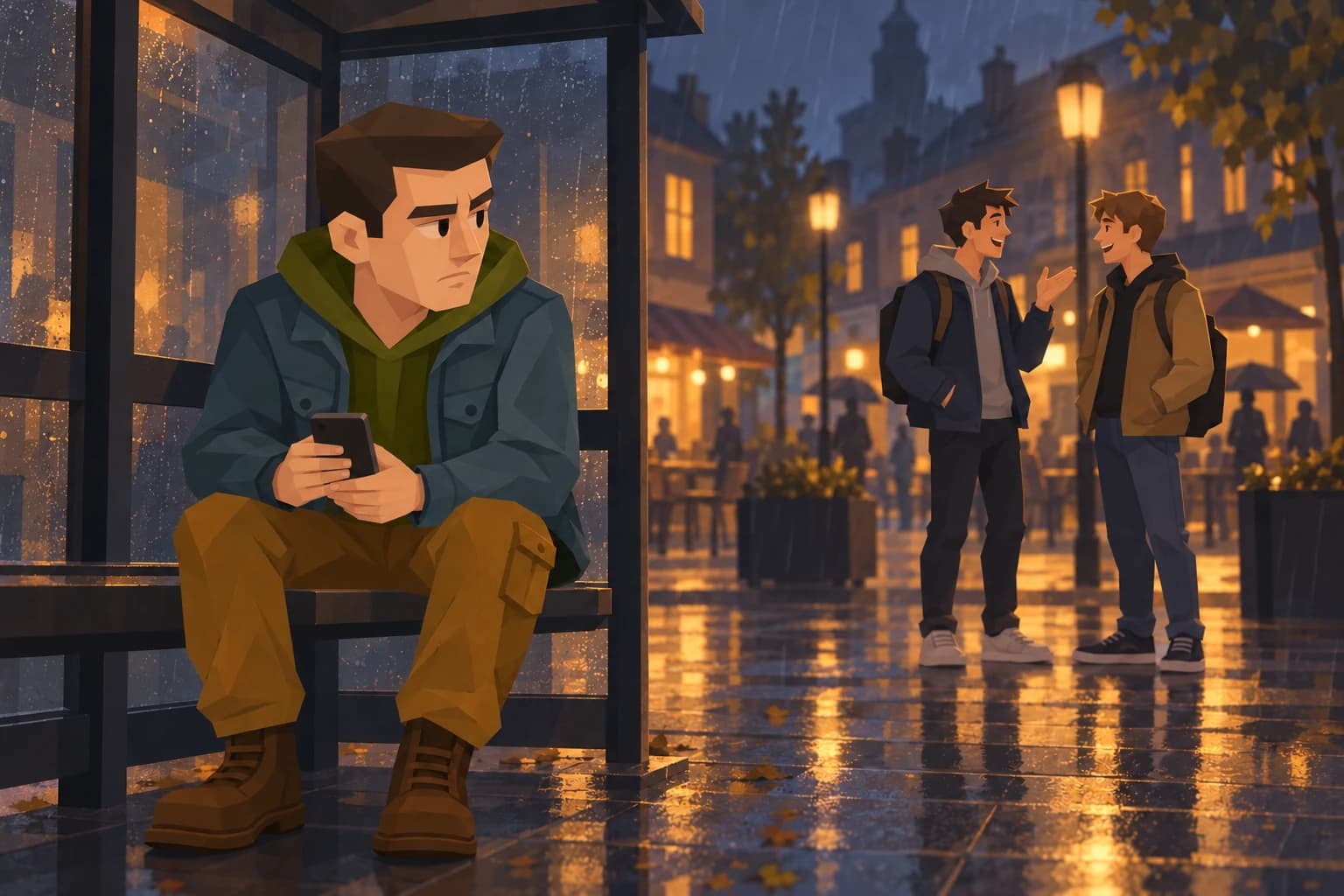 A teenage Pragmatist watches two friends talking from a rainy bus shelter while holding his phone.
