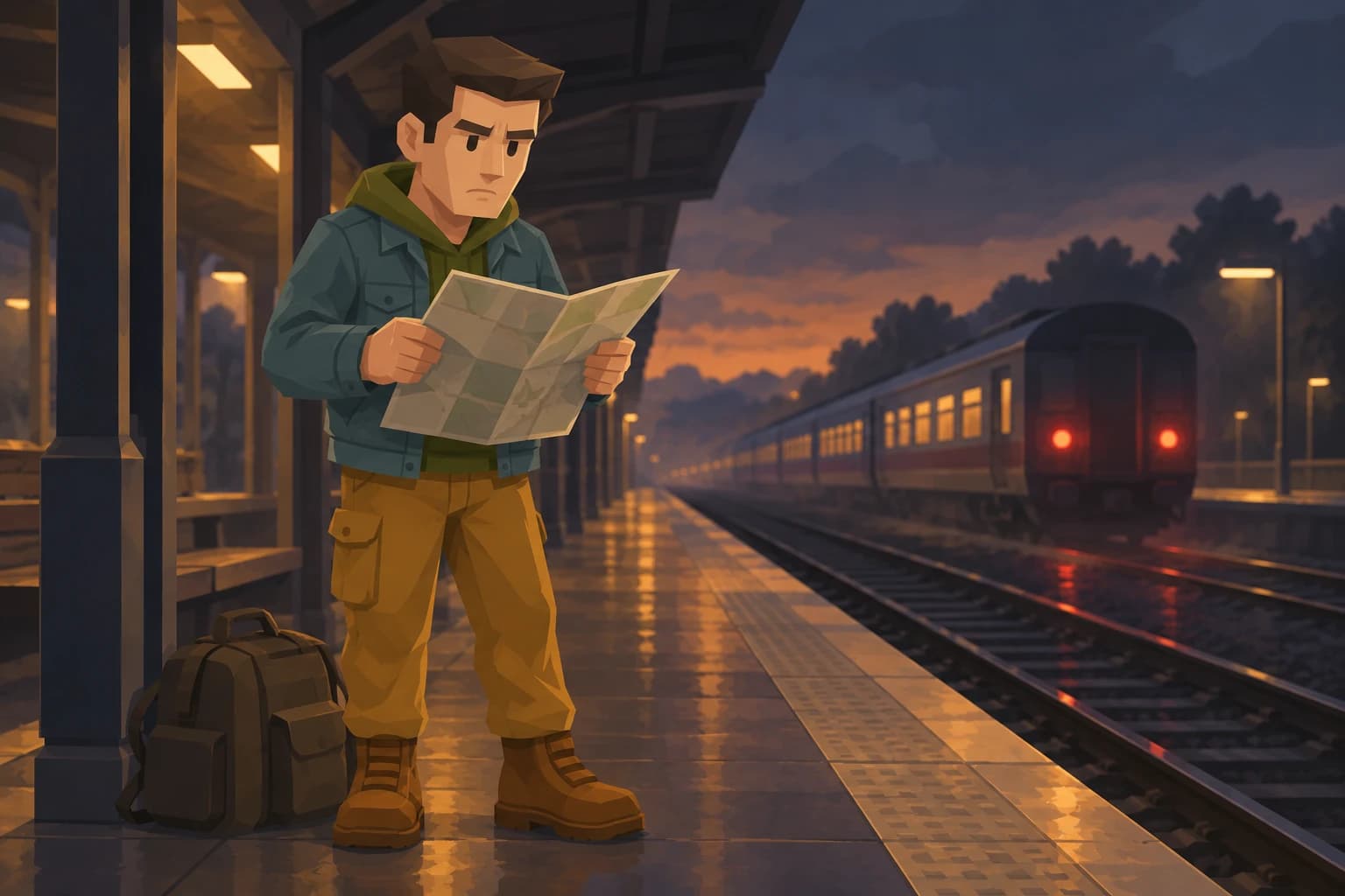 A Pragmatist studies a route map on a station platform as a train departs.