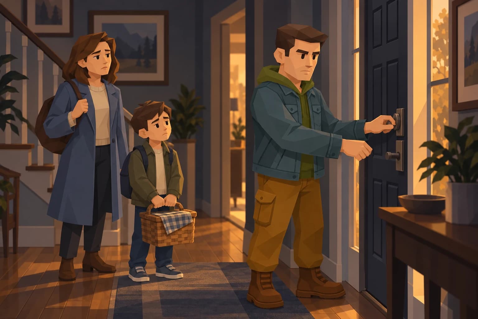 A midlife Pragmatist checks the front-door lock while his sister and nephew wait with a picnic basket.