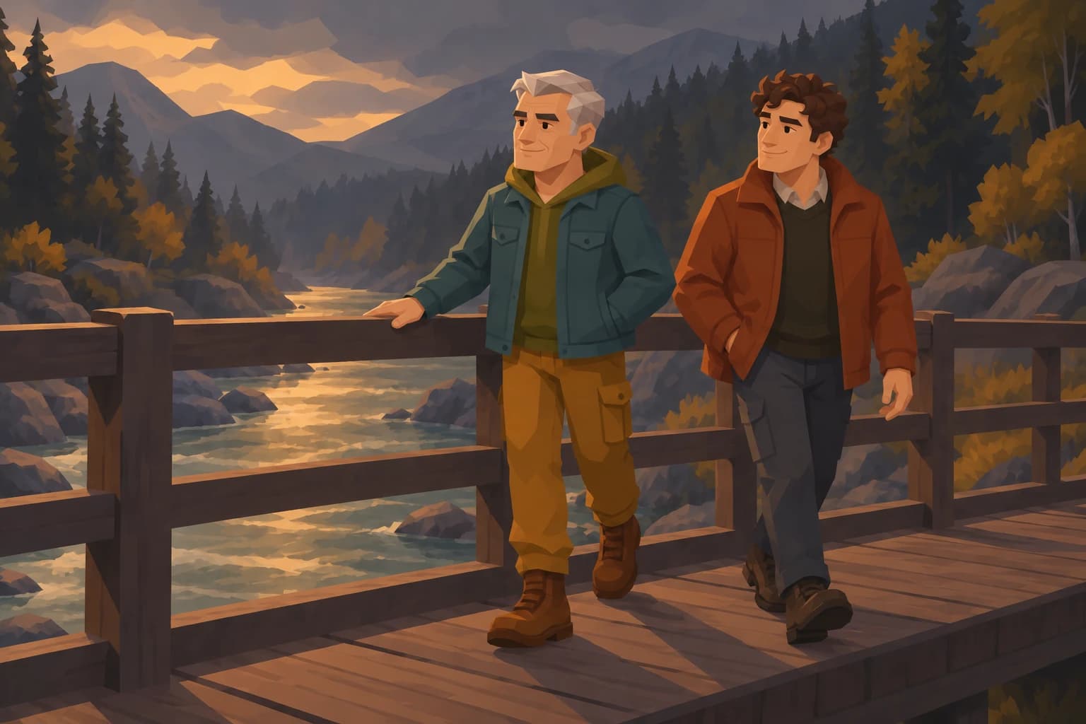 An elderly silver-haired Pragmatist walks across a footbridge with a younger relative in a rust coat.