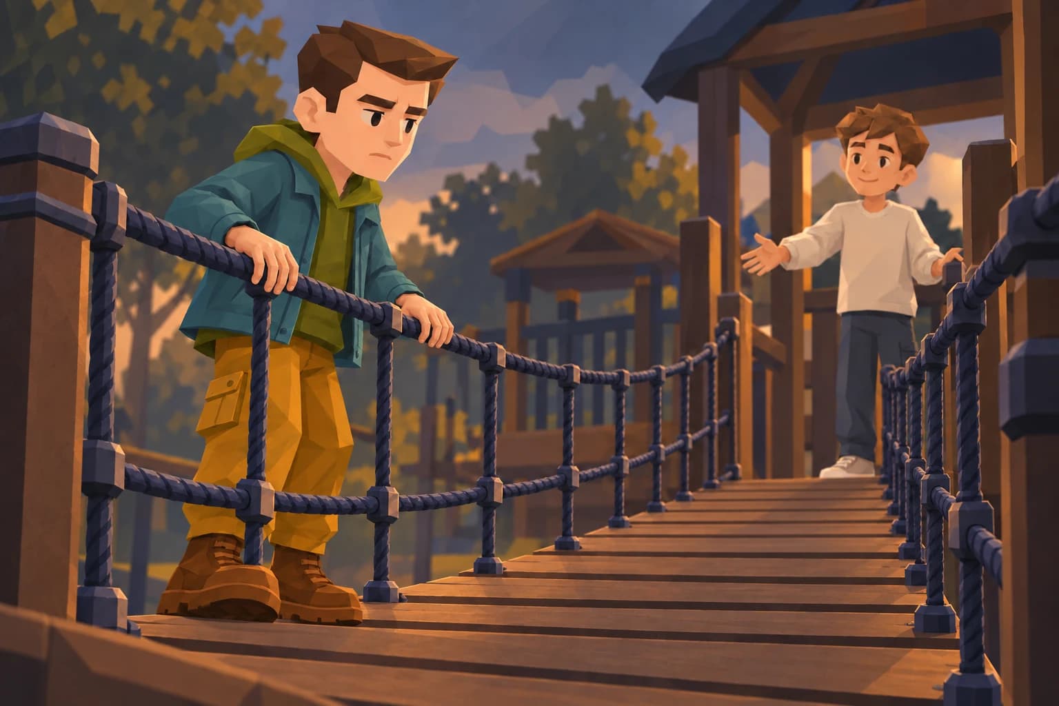 A young Pragmatist grips the rail at a playground rope bridge while a classmate waits across it.