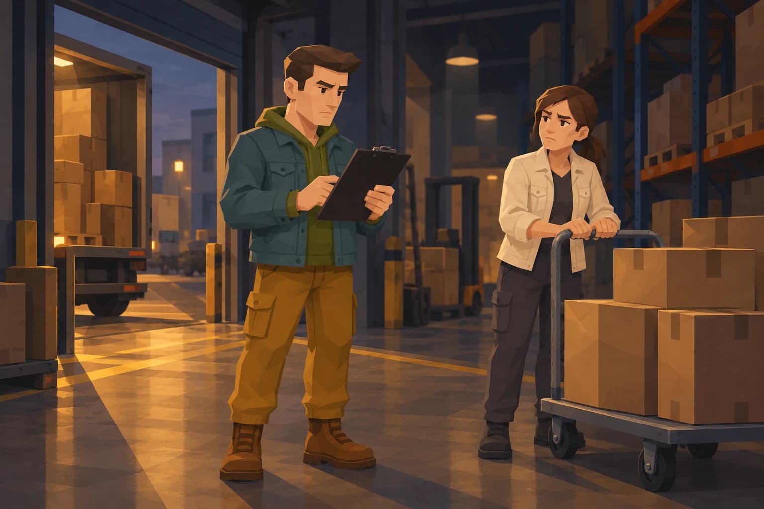 An adult Pragmatist rechecks a clipboard while a colleague waits beside a trolley of sealed parcels.