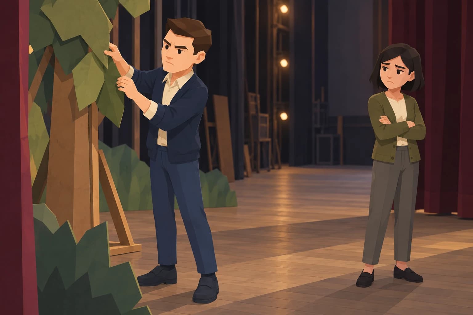 The teenage Purist straightens a stage-tree prop while a disappointed friend waits.