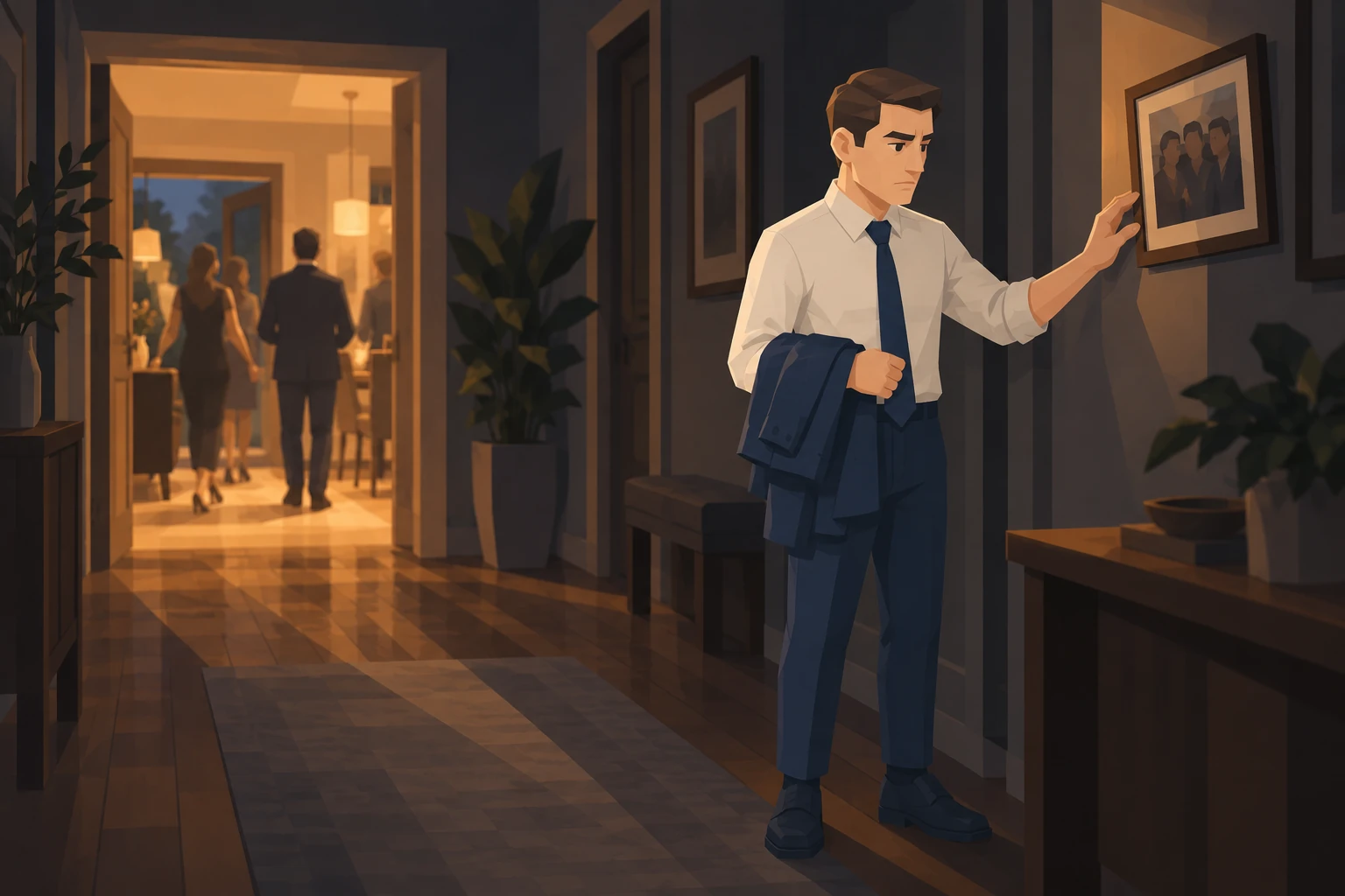 A male Purist adjusts a framed picture in a dim hallway as friends leave through a lit doorway