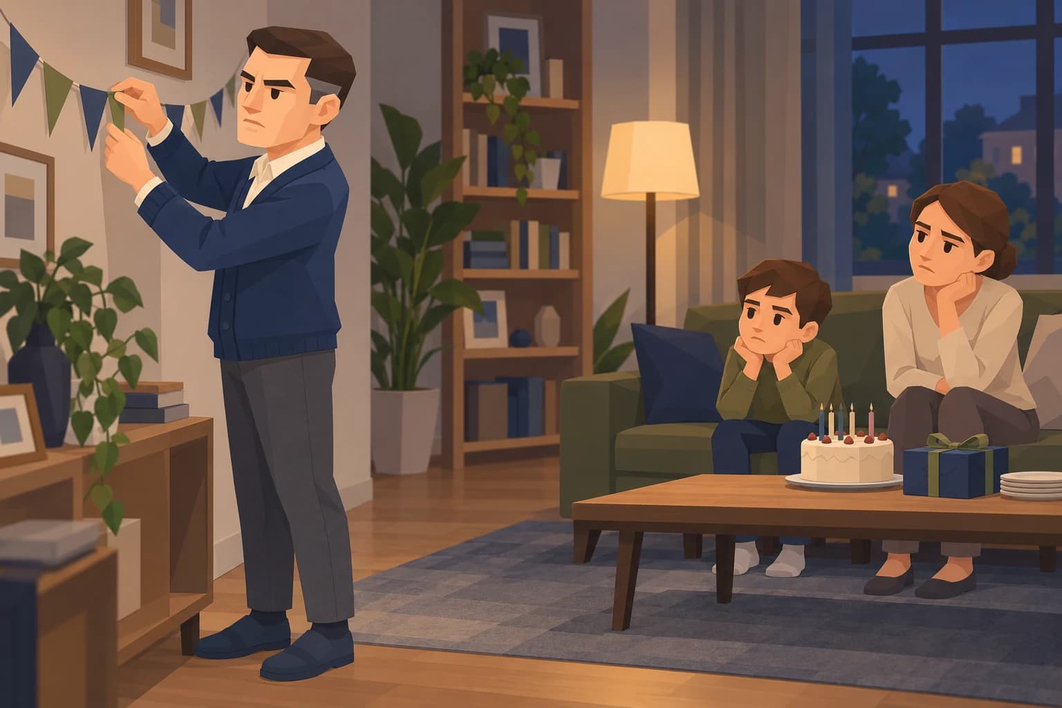 The Purist adjusts a crooked birthday decoration while a family celebration pauses beside a cake.