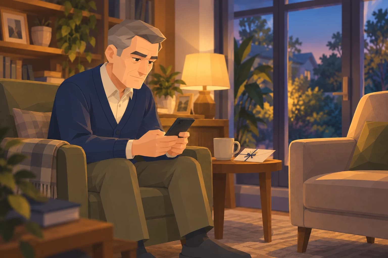 The older male Purist sits alone with his phone, considering an unanswered invitation.