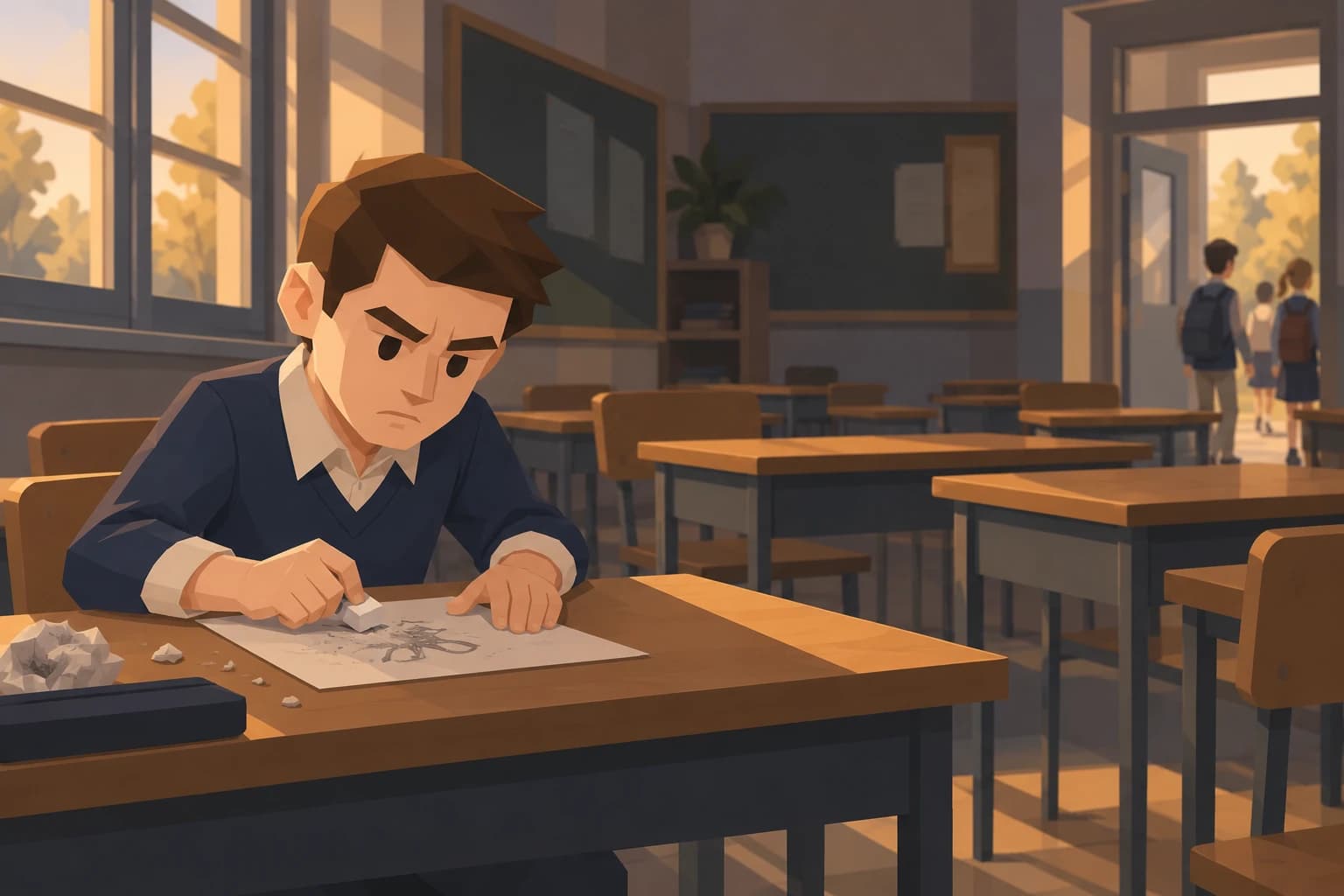 A young male Purist erases his drawing as classmates leave the classroom.