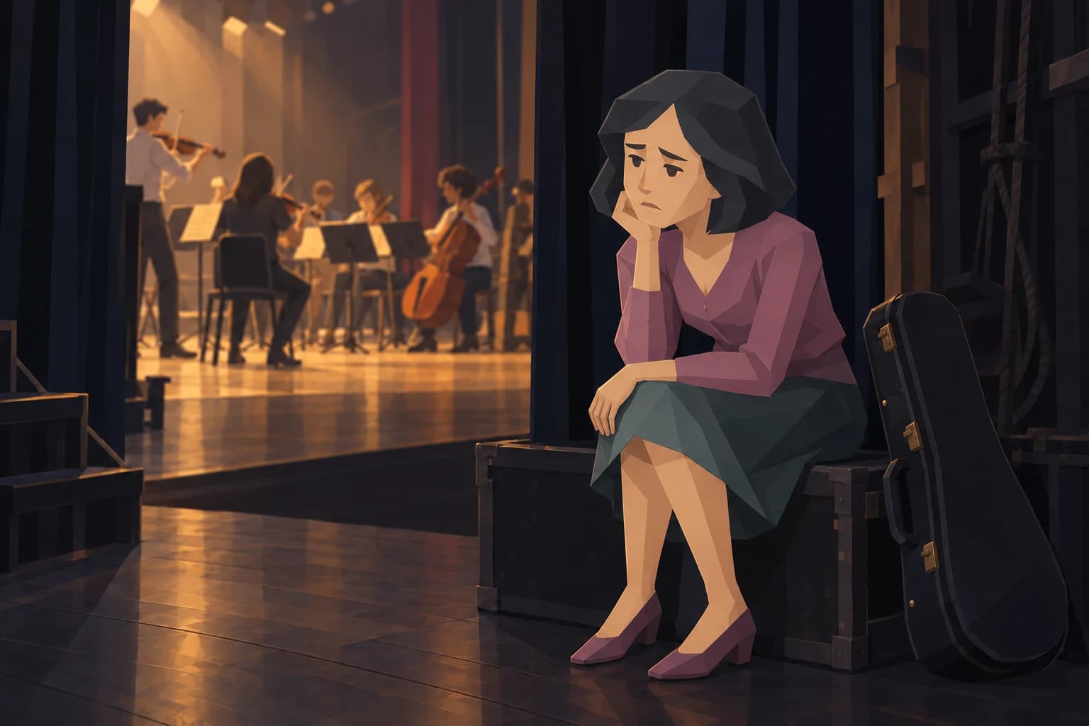 A teenage Muse sits beside a closed violin case in a theater wing as peers rehearse onstage.