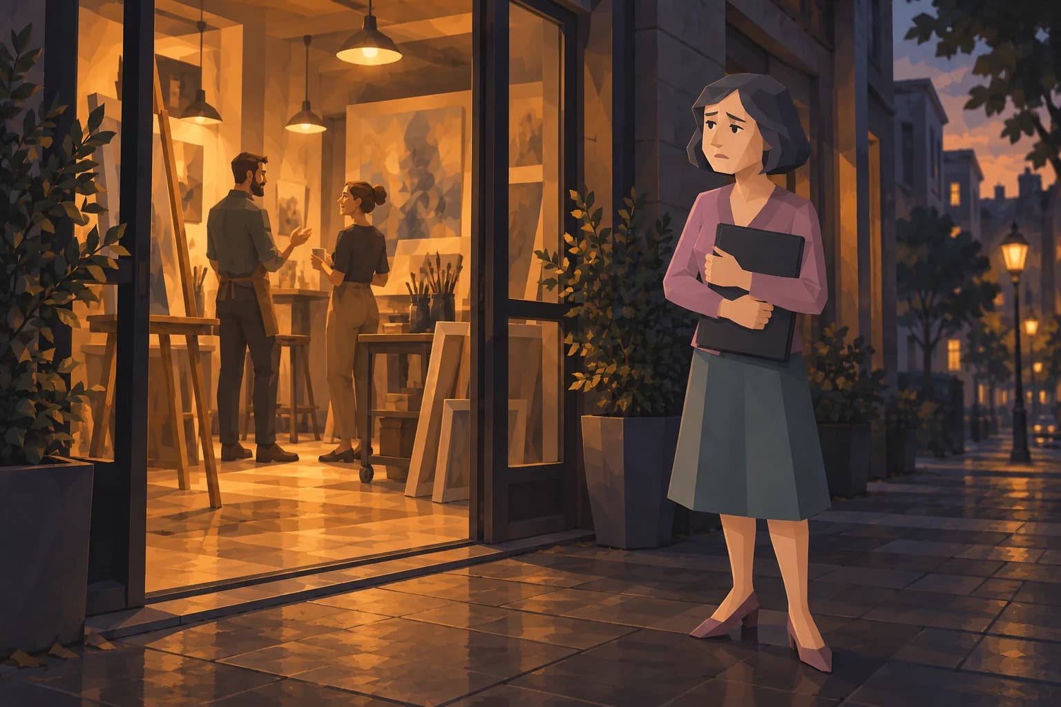 A woman with a dark bob and mauve clothes waits outside a lit studio holding a closed portfolio.