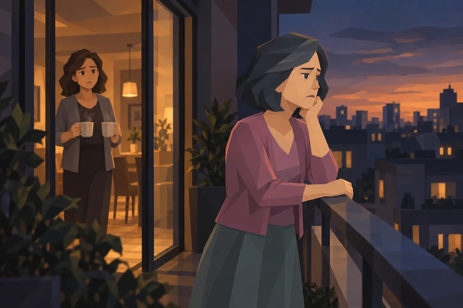 A middle-aged Muse stands on an apartment balcony while her sister waits inside with two cups.