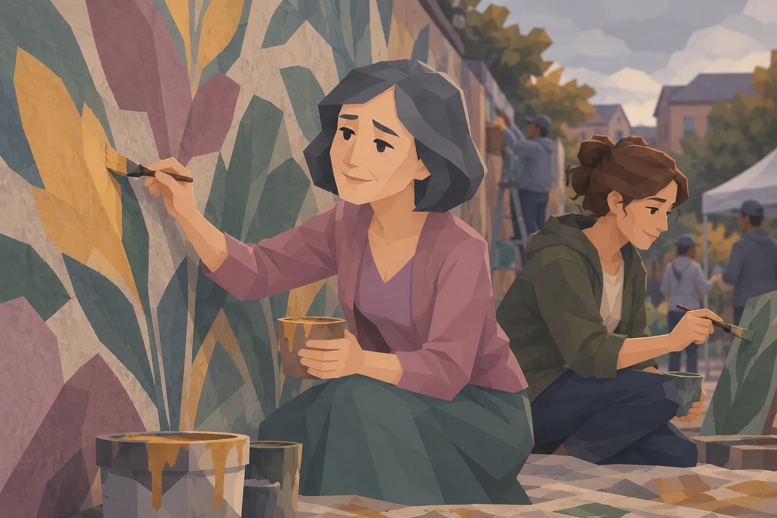 A silver-haired Muse paints part of an outdoor community mural beside another participant.