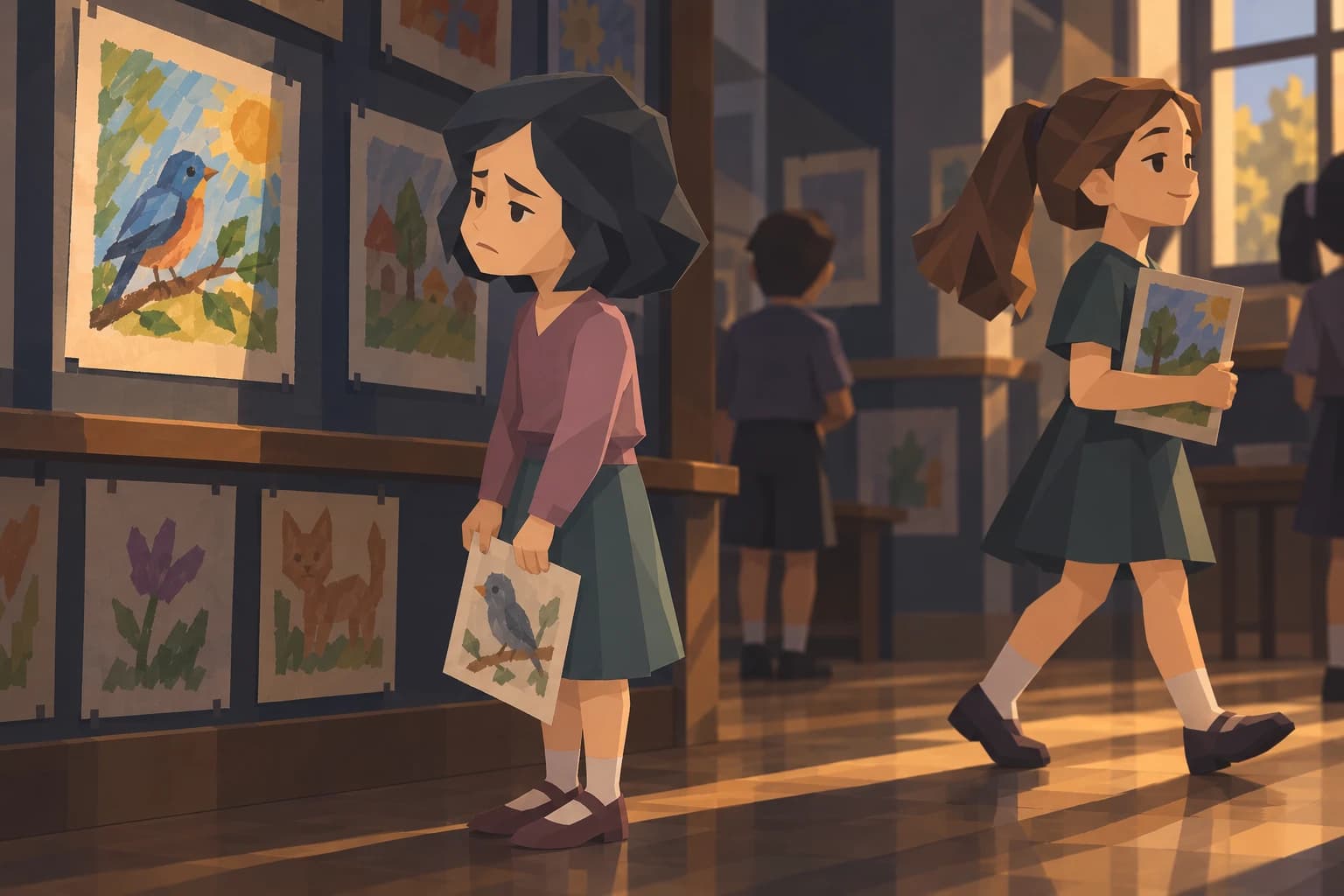 A dark-haired girl studies a classmate's displayed painting while holding her own small bird picture.