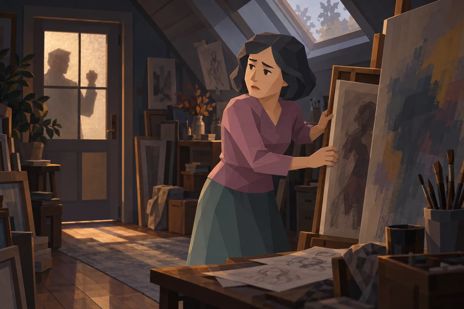 An adult Muse stands in an attic studio with an unfinished canvas as a visitor waits at the door.