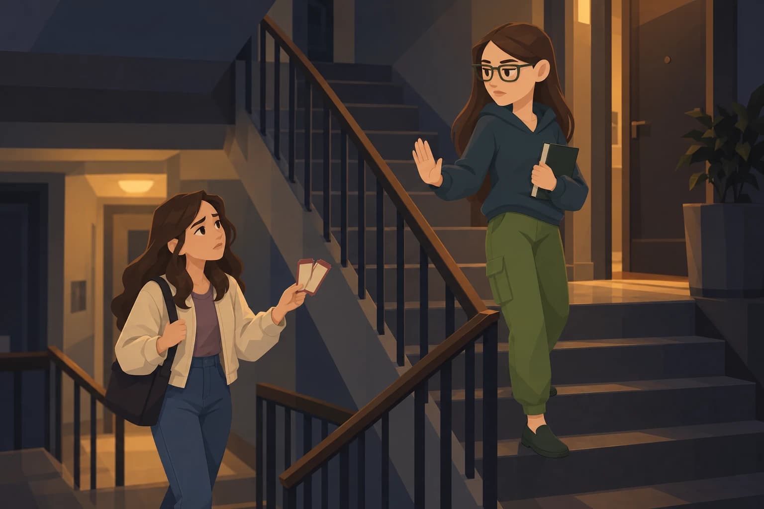 A teenage Scholar declines a friend's cinema invitation from an apartment stair landing.