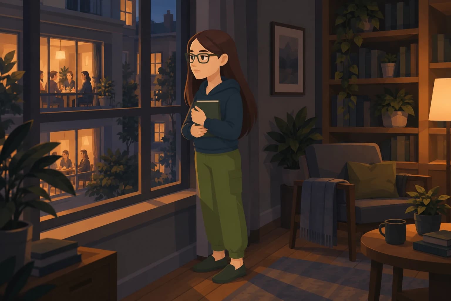 A Scholar holds a closed book at her apartment window while neighbors share supper across the courtyard.