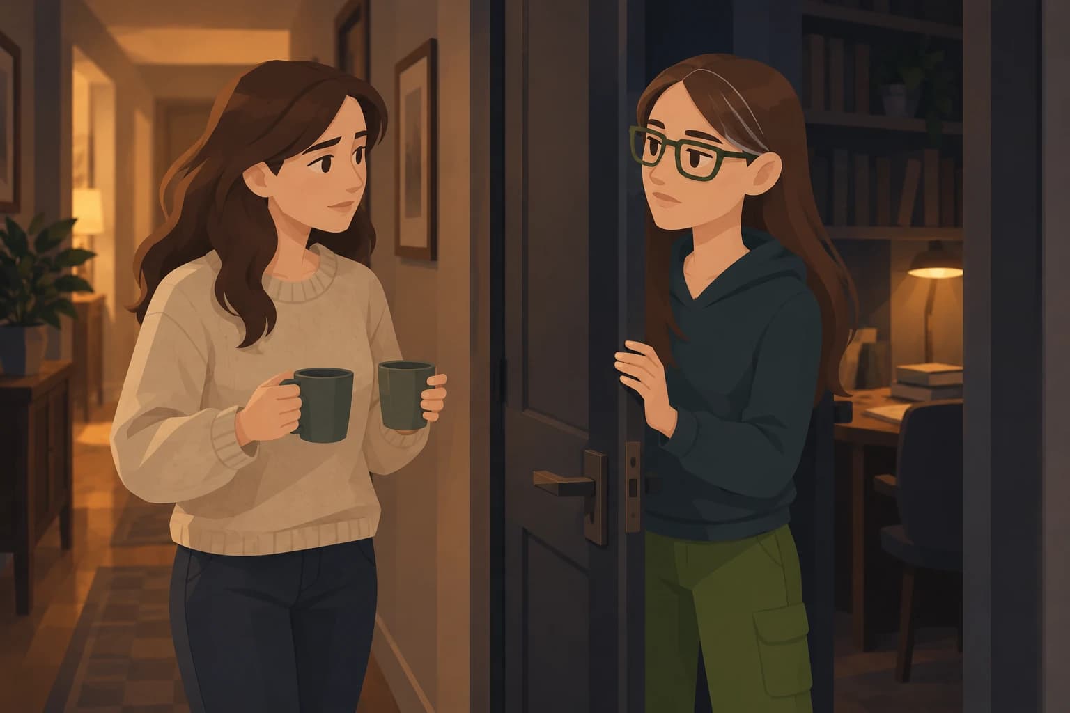 A midlife Scholar holds her study door half closed while her sister waits outside with two mugs.