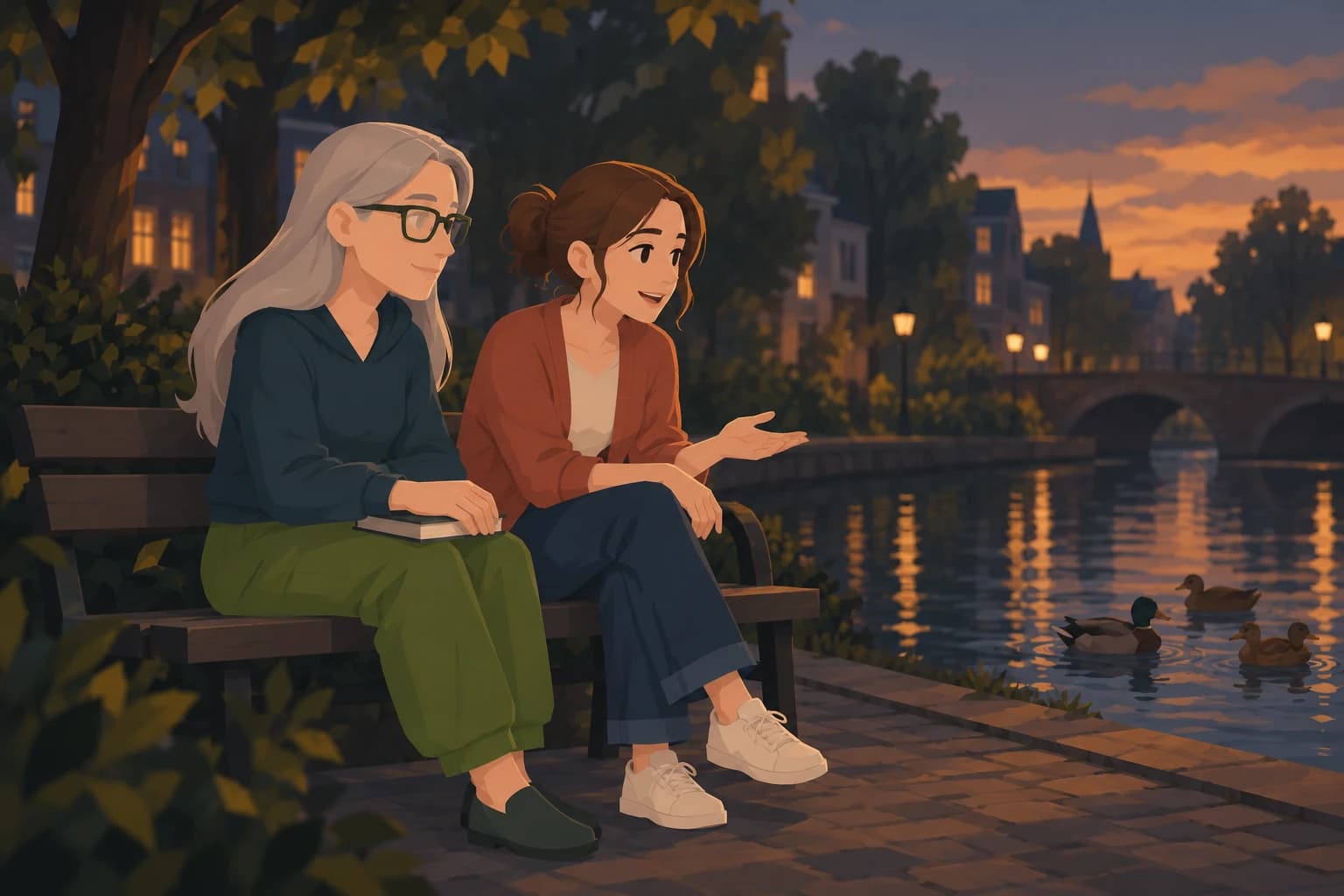 An elderly Scholar sits with a younger neighbor on a canal bench, listening with a closed book on her lap.