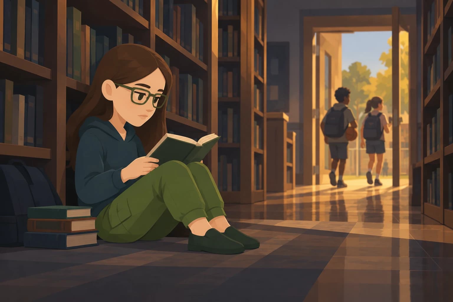 A young Scholar reads on the library floor while classmates leave through the doorway with a ball.