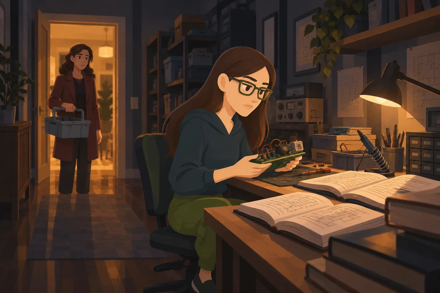 An adult Scholar examines a radio circuit at her repair bench while a colleague waits with a carrier.