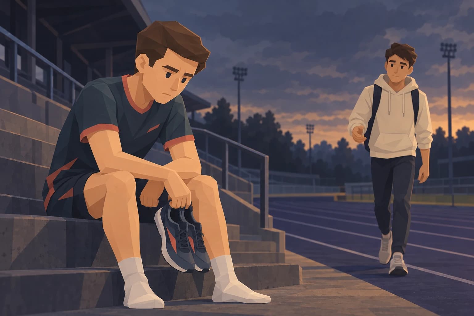 A teenage Trailblazer sits on stadium steps with running shoes as a friend approaches.
